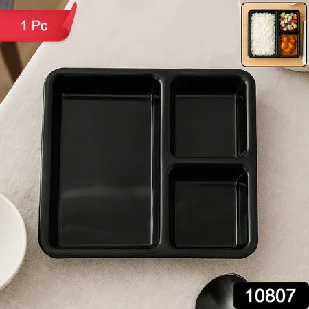 Plastic Multi-compartment Meal Serving Tray 3-section Rectangular Dining Plate (1 Pc Black) - Zidbik