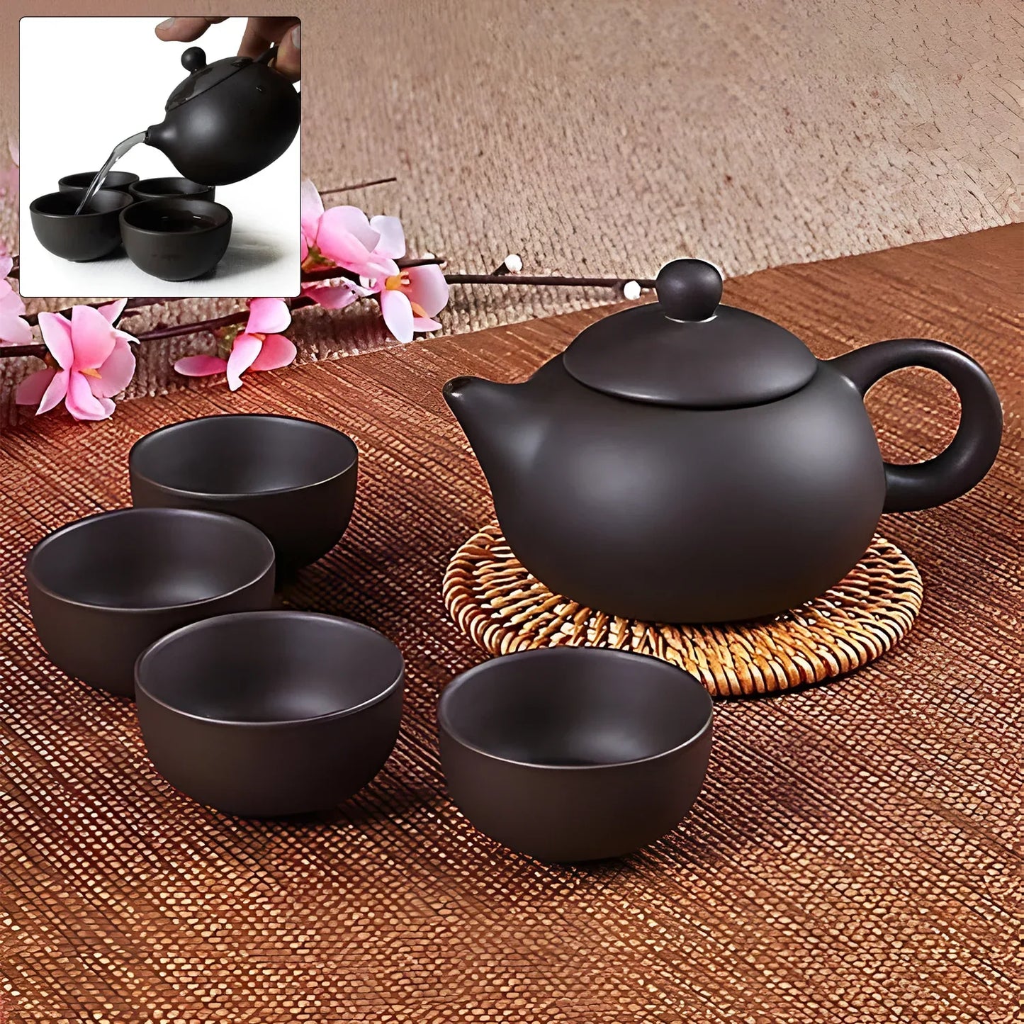 Premium Black Clay Ceramic Tea Set With Teapot 4 Cups - Zidbik