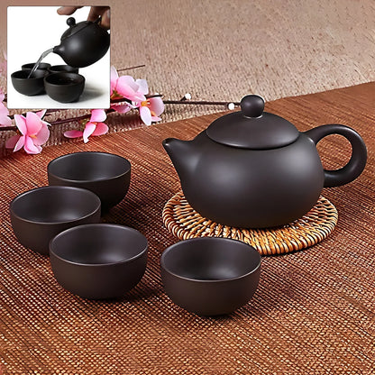 Premium Black Clay Ceramic Tea Set With Teapot 4 Cups - Zidbik
