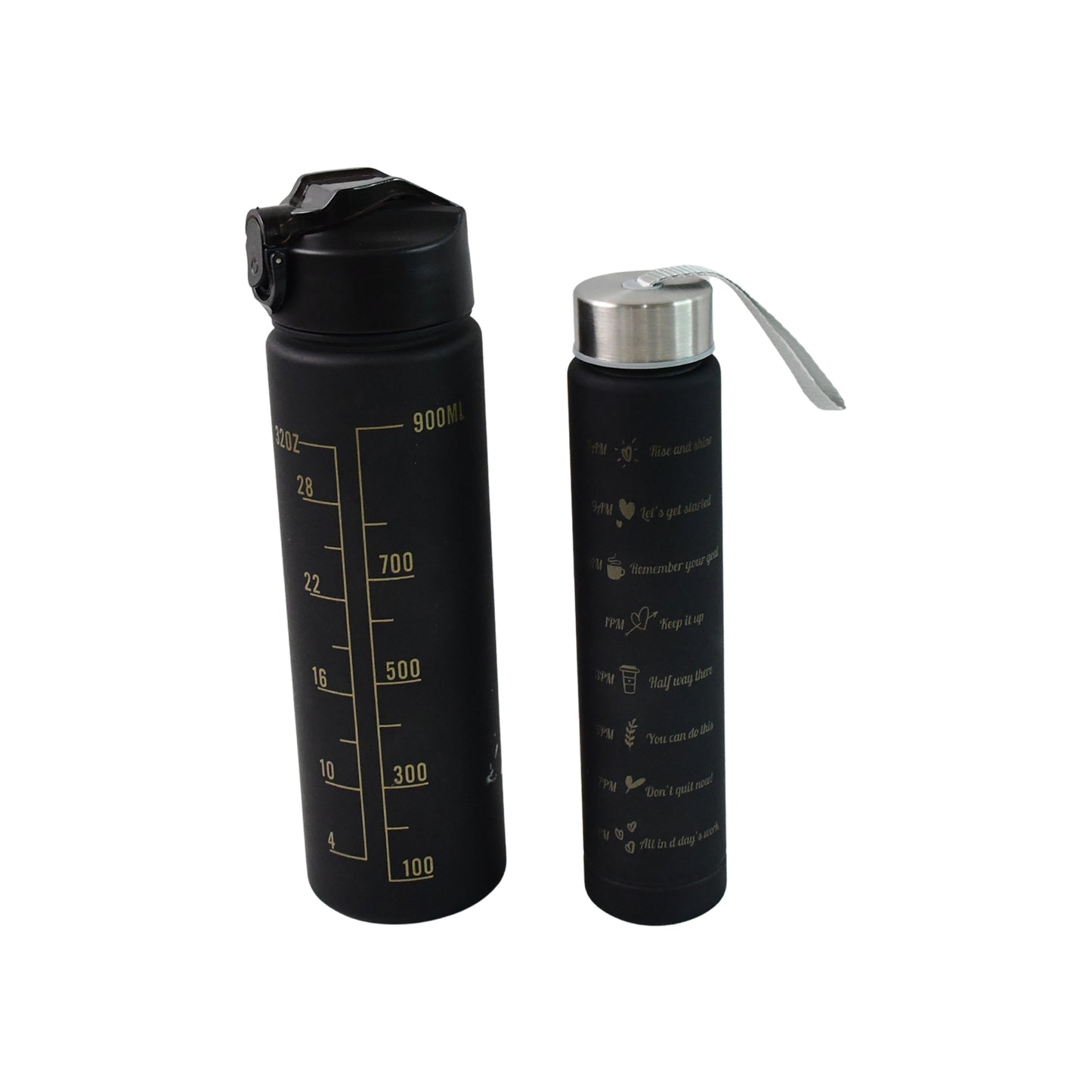 2 Pc Premium Black Motivational Water Bottle Set (900 Ml + 300 Ml) - Zidbik
