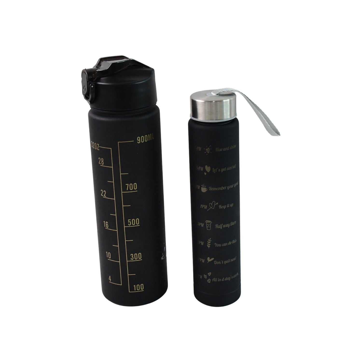 2 Pc Premium Black Motivational Water Bottle Set (900 Ml + 300 Ml) - Zidbik