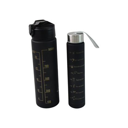 2 Pc Premium Black Motivational Water Bottle Set (900 Ml + 300 Ml) - Zidbik