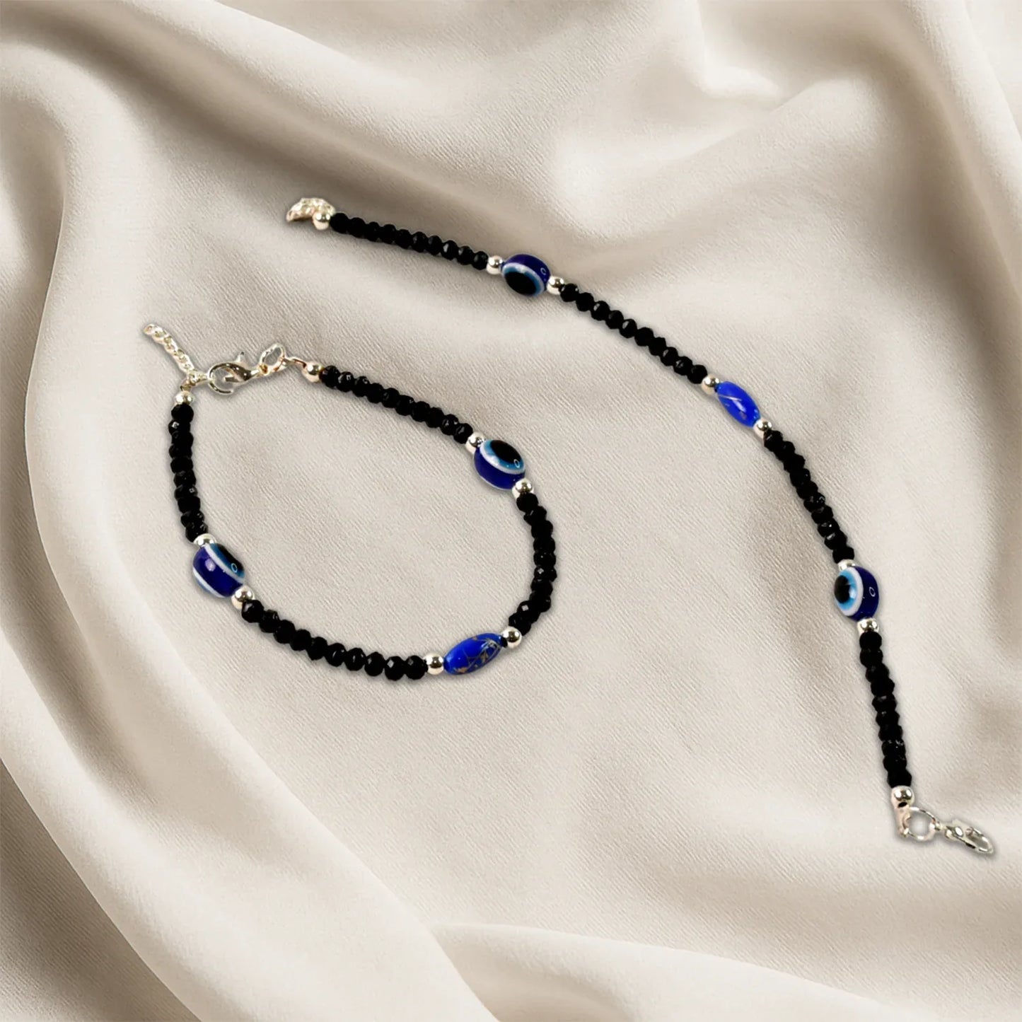Adjustable Black Bead Evil Eye Protection Bracelet Set (2 Pc) - Zidbik