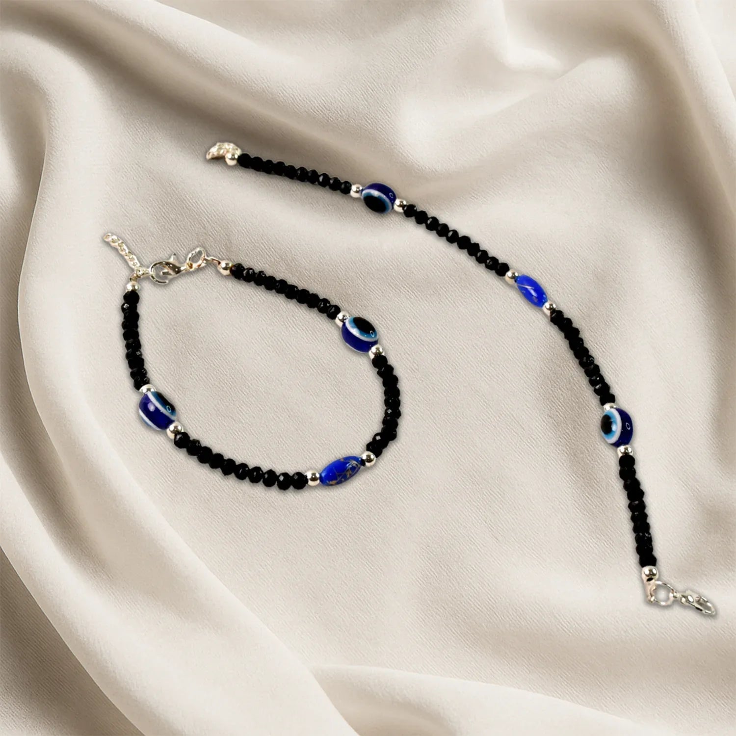 Adjustable Black Bead Evil Eye Protection Bracelet Set (2 Pc) - Zidbik