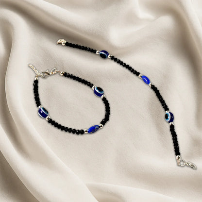 Adjustable Black Bead Evil Eye Protection Bracelet Set (2 Pc) - Zidbik