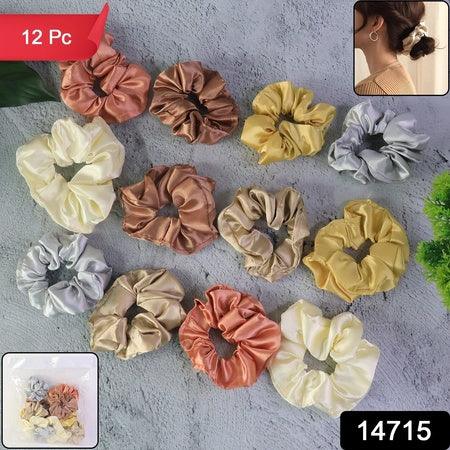 Premium Satin Hair Scrunchies Elastic Hair Ties For Women Girls (12 Pc) - Zidbik