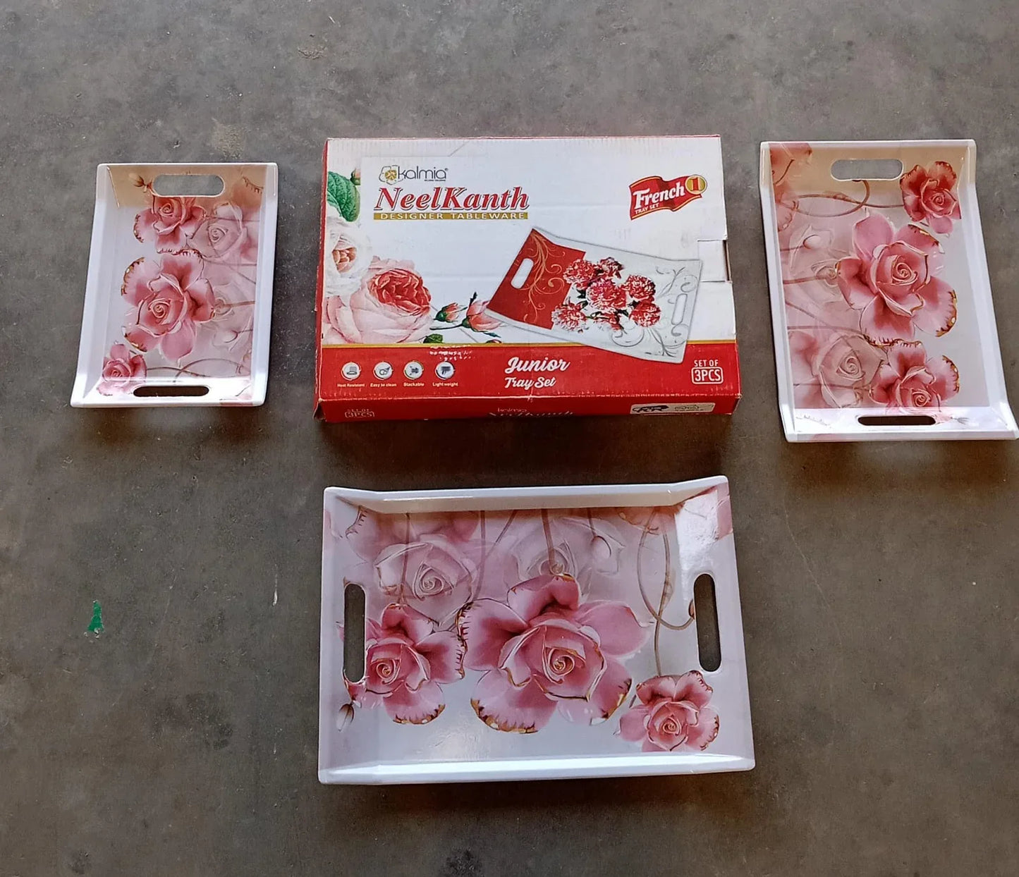 2292 Plastic Rectangular Shape Flower Printed Design Serving Tray 3 Pcs Home And Kitchen Use (3 Pcs Set) - Zidbik