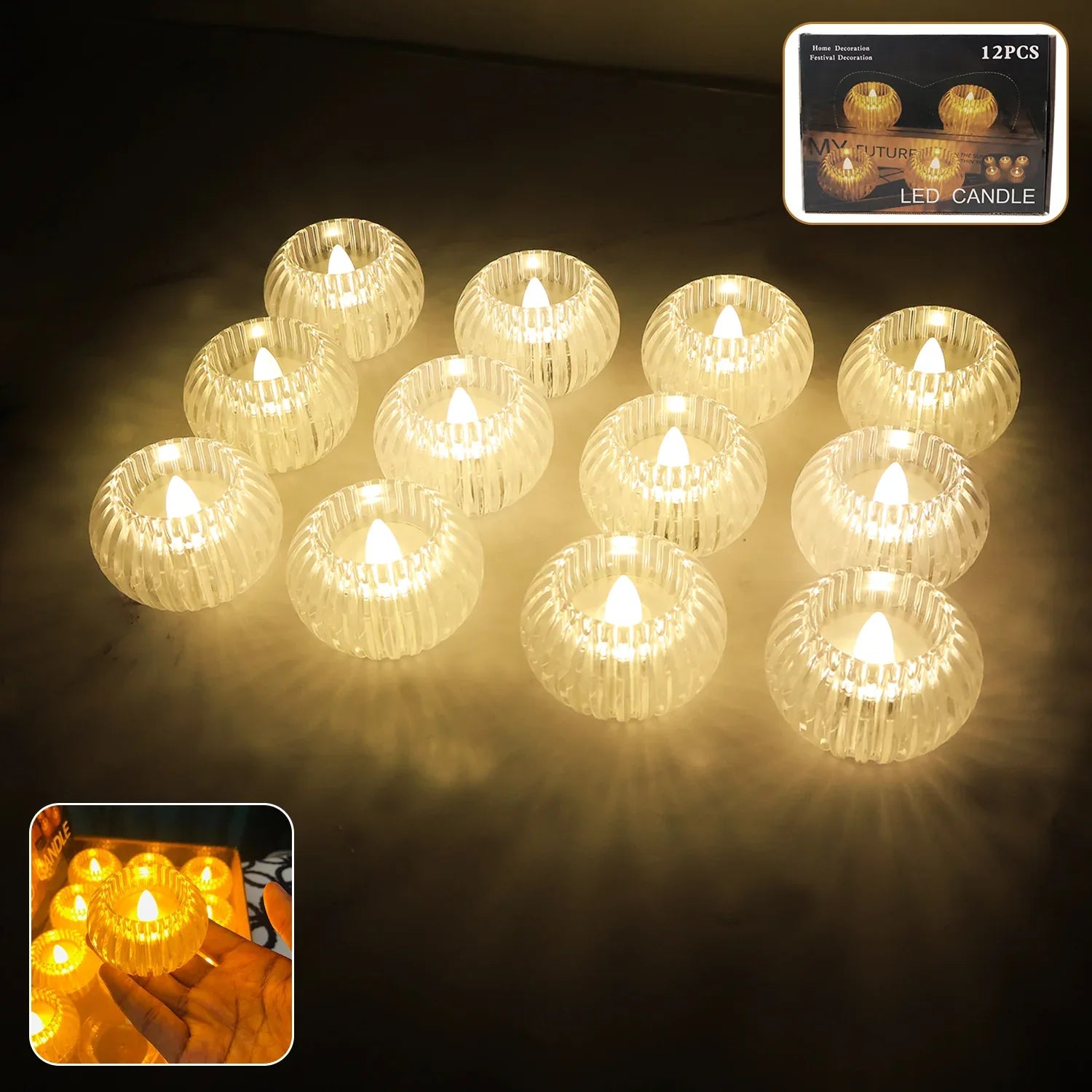Set Of 12 Led Crystal-effect Flameless Smokeless Decorative Candles - Zidbik
