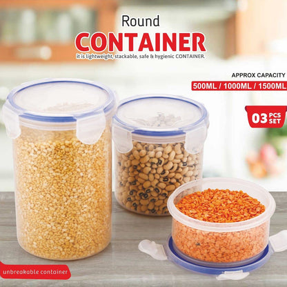 5828 Round Plastic Airtight Food Storage Containers With Leak Proof Locking Lid Storage Container Set Of 3( Approx Capacity 500ml1000ml1500ml Transparent) - 3 Pc Set - Zidbik