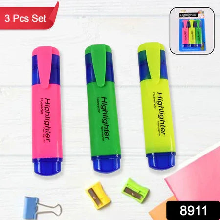 Highlighter Pen Assorted Colours Water Based Broad Tip Writing Marker (3 Pcs Set) - Zidbik