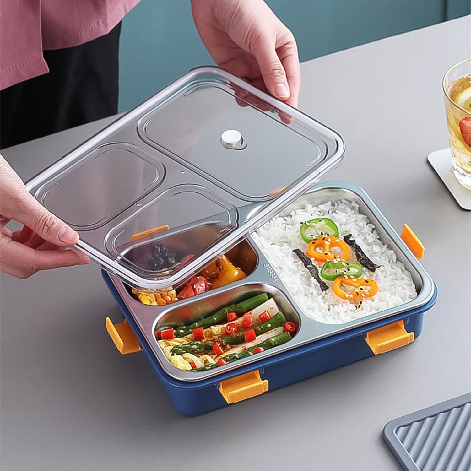 3 Compartment Transparent Stainless Steel Lunch Box With A Spoon And A Pair Of Chopsticks (1 Set) - Zidbik