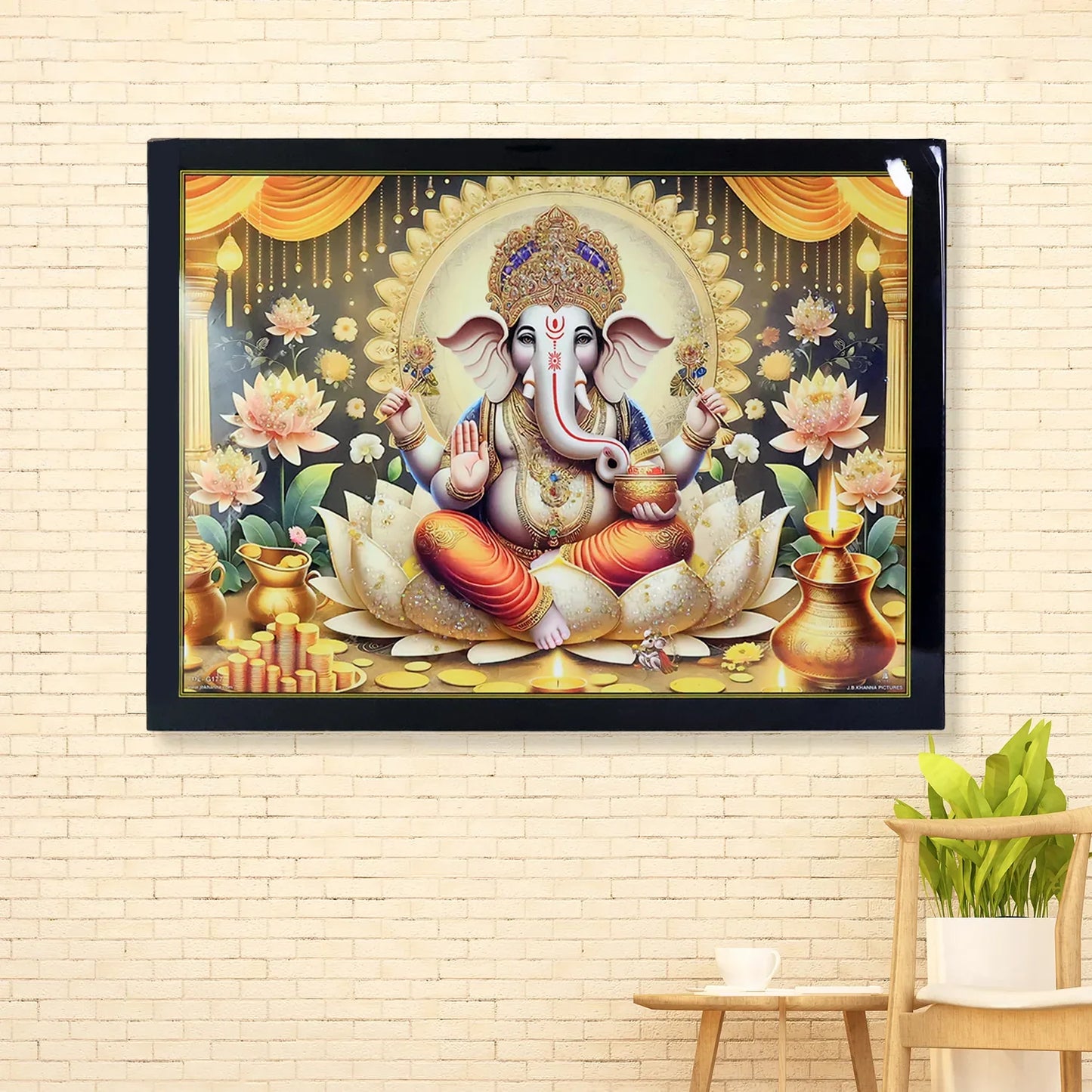 Divine Lord Ganesha Wall Painting With Wooden Frame Mix Design 60x45 Cm Approx (1 Pc) - Zidbik