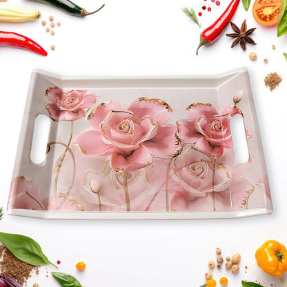 2292 Plastic Rectangular Shape Flower Printed Design Serving Tray 3 Pcs Home And Kitchen Use (3 Pcs Set) - Zidbik