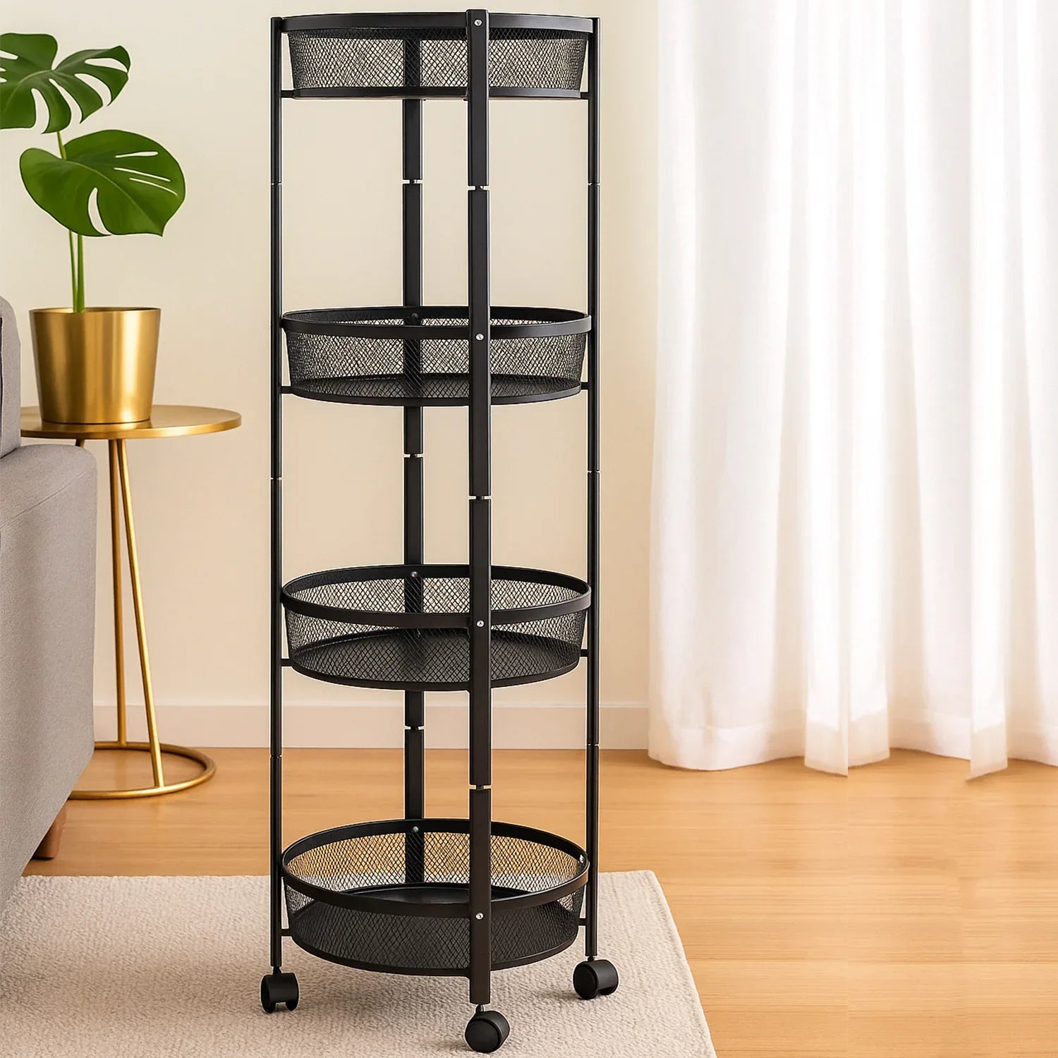 4-layer Round Metal Mesh Storage Organizer Rack With Wheels (1 Pc) - Zidbik