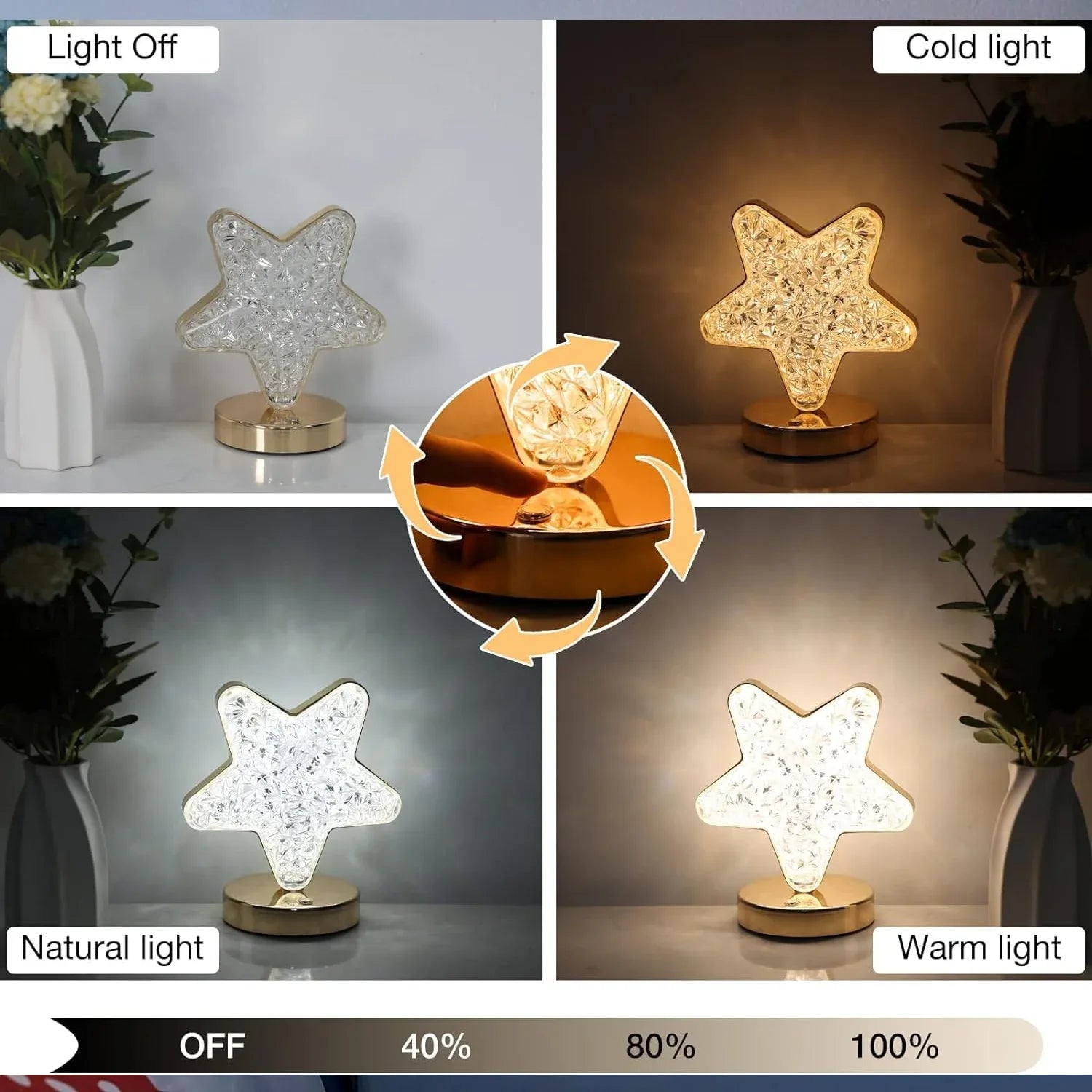 12571 Star Shape Crystal Diamond Lamp Cordless Luxury Lamp With Usb Rechargeable 3-way Dimmable Touch Control Decorative Nightstand Lamp For Bedroom Living Room Party Restaurant Decor (1 Pc ) - Zidbik