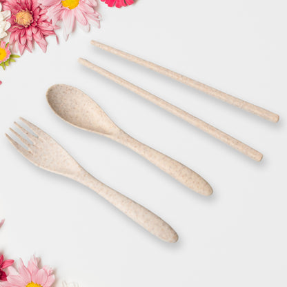 5606 Rice Bowl Noodle 1 Bowl With 1 Lid And Handle Wheat Straw Noodle Bowls With Wheat Straw 1 Fork 2 Chopsticks 1 Spoon For Soup Salad Cooker Snack Set (6 Pcs Set) - Zidbik