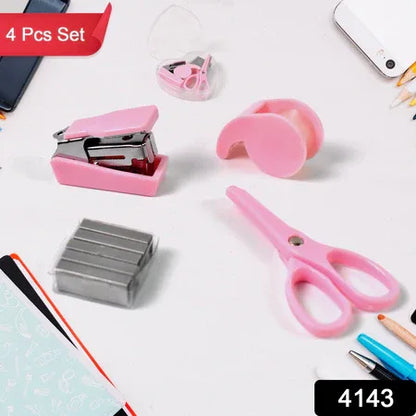 4143 Mini Office Stationery Set Including Stapler Scissors Paper Clips Tape Dispenser Transparent Tape And Staples - Zidbik