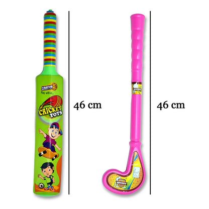 8002 Combo Of Light Weight Plastic Bat Ball Hockey For Kids Boys Indoor Outdoor Play - Zidbik