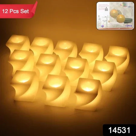 Set Of 12 Led Flameless Decorative Candles Square Shape Tealight Lamps - Zidbik