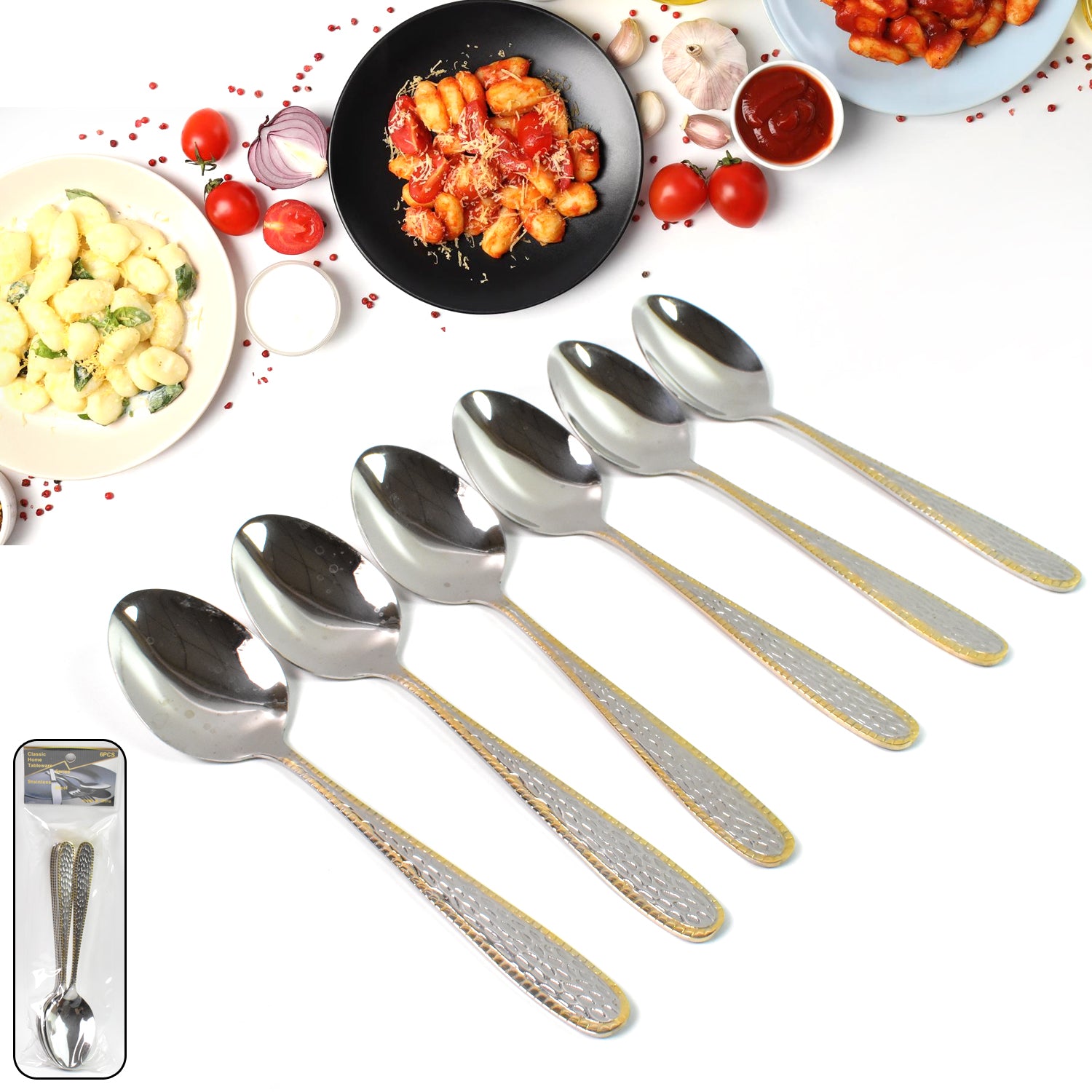 Stainless Steel Gold Bordered Textured Spoons Gold Plated Handle Set Of 6 Pc - Zidbik