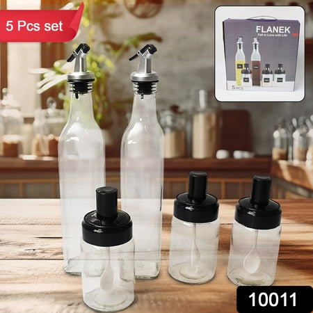 10011 Transparent Glassoil Dispenser 500 Ml Bottle Set Of 2 Spice Jar 250 Ml Set Of 3 Oil Bottle For Kitchen Oil  Vinegar Storage Glass Bottle Glass Container For Spice Masala (5 Pcs Set) - Zidbik