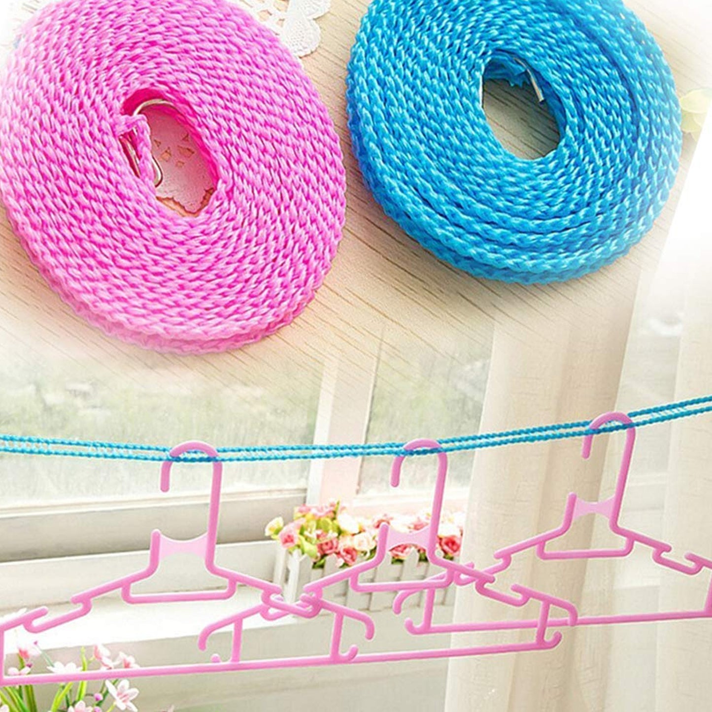 8861 3 Meters Windprood Anti-slip Clothes Washing Line Drying Nylon Rope With Hooks Durable Camping Clothesline Portable Clothes Drying Line Indoor Outdoor Laundry Storage For Travel Home Use (3 Mtr.) - Zidbik