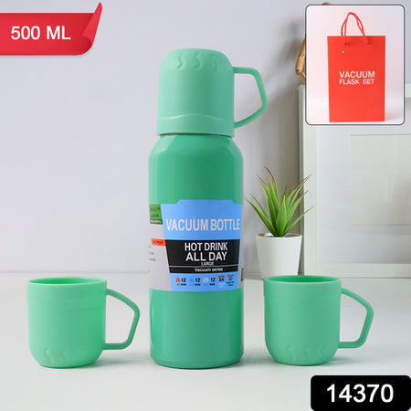 Green Vacuum Flask Set  Stainless Steel Thermos With 3 Cups Approx 500ml - Zidbik