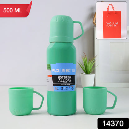 Green Vacuum Flask Set  Stainless Steel Thermos With 3 Cups Approx 500ml - Zidbik