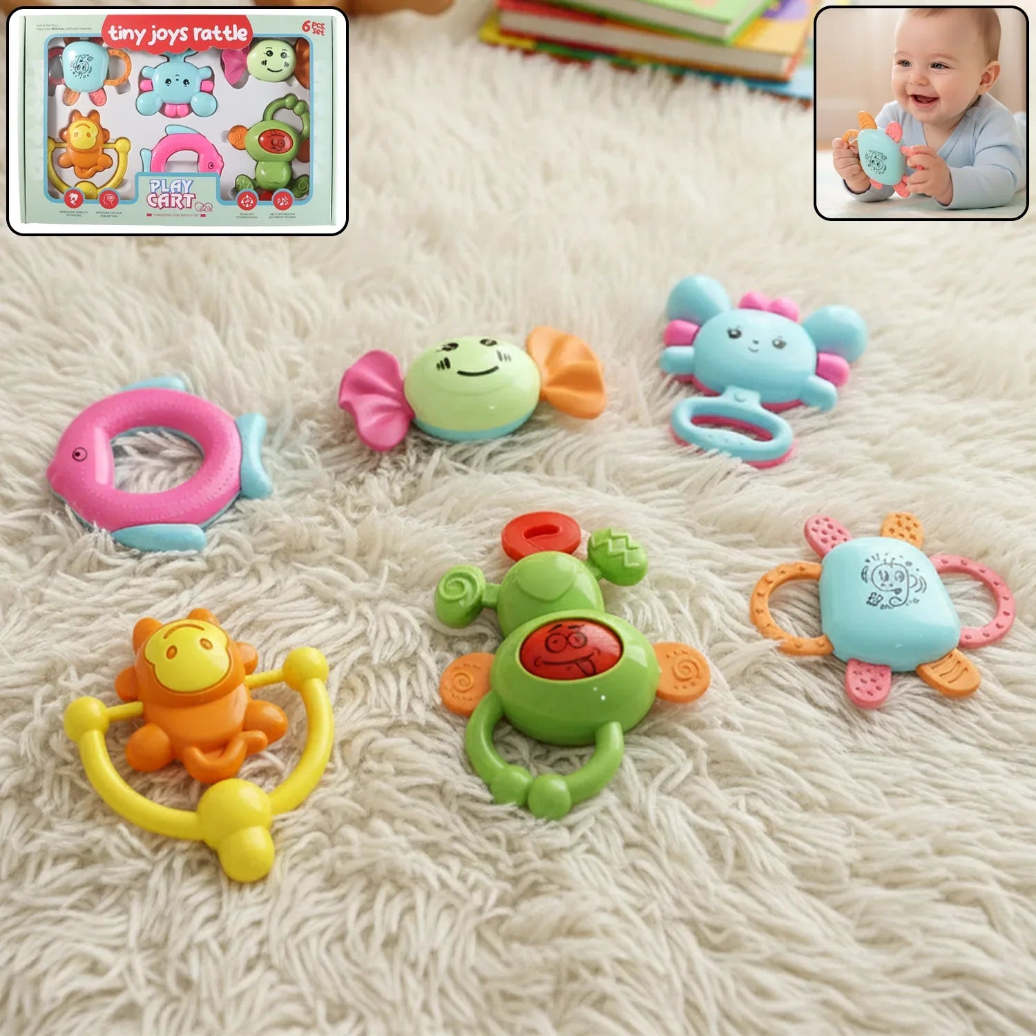 Play Cart Tiny Joys Rattle Toy Set 6-in-1 Baby Rattles - Zidbik