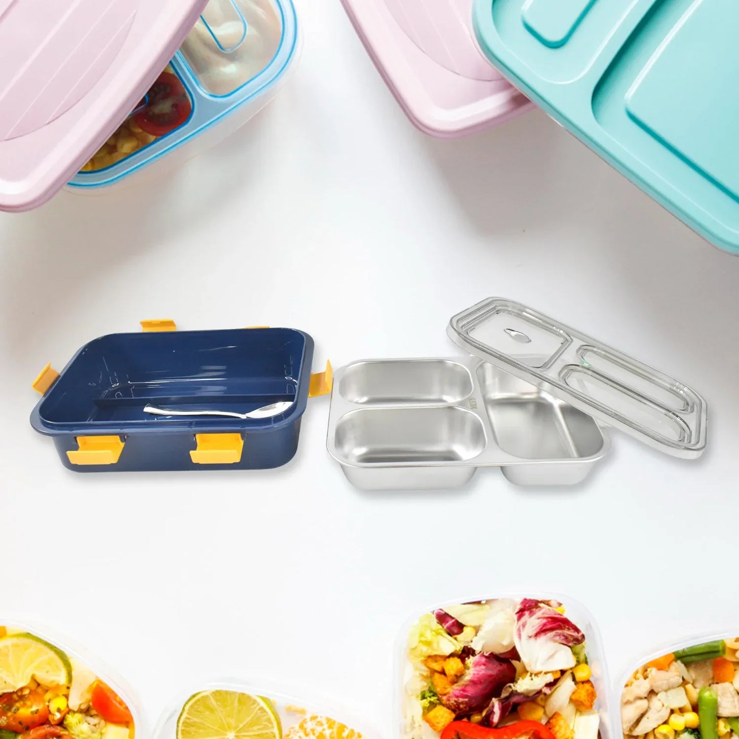 3 Compartment Transparent Stainless Steel Lunch Box For Kids - Zidbik