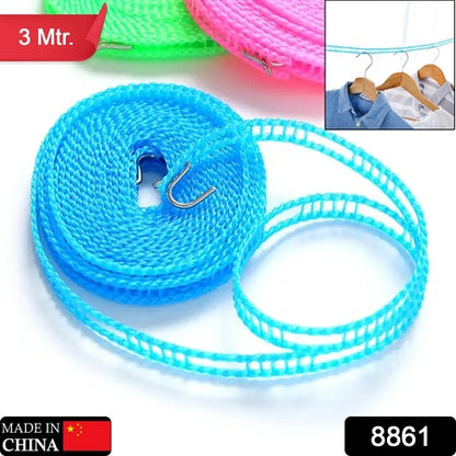 8861 3 Meters Windprood Anti-slip Clothes Washing Line Drying Nylon Rope With Hooks Durable Camping Clothesline Portable Clothes Drying Line Indoor Outdoor Laundry Storage For Travel Home Use (3 Mtr.) - Zidbik