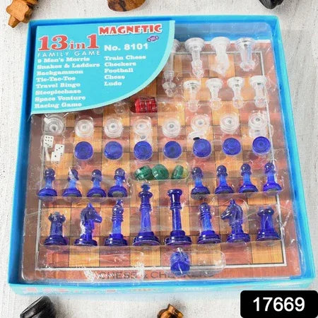 17669 13 In 1 Family Board Game Chess Snakes Ladders Ludo Tic-tac-toe Checkers Travel Bingo Football Space Venture Steeplechase Set For Kids - Zidbik
