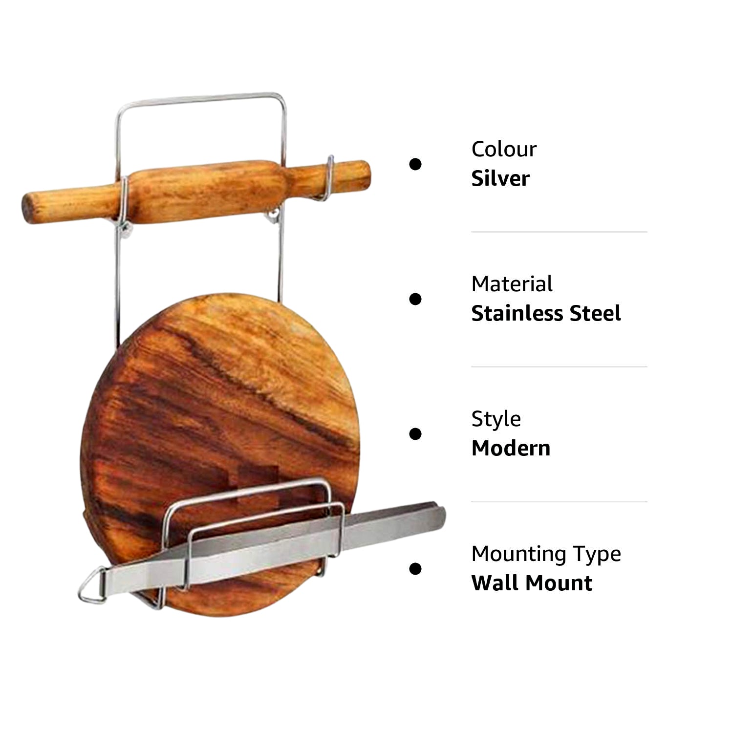 5552 Chakla Belan Chimta Stand Rolling Pin Board Tong Holder Silver Stainless Steel Multi-purpose Rack For Kitchen (1 Pc ) - Zidbik