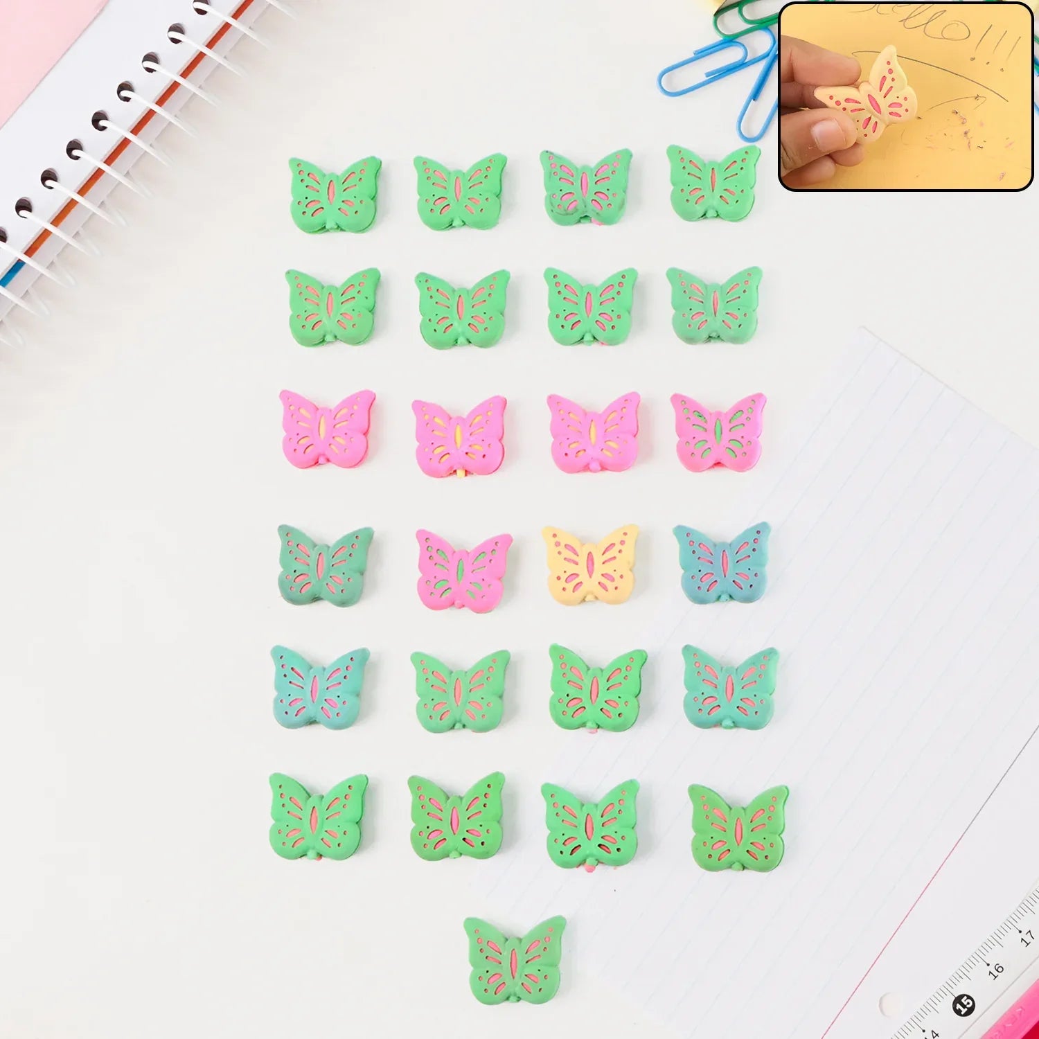 Butterfly Shape Eraser Rubber (25 Pc Mix Colour Design) - Zidbik
