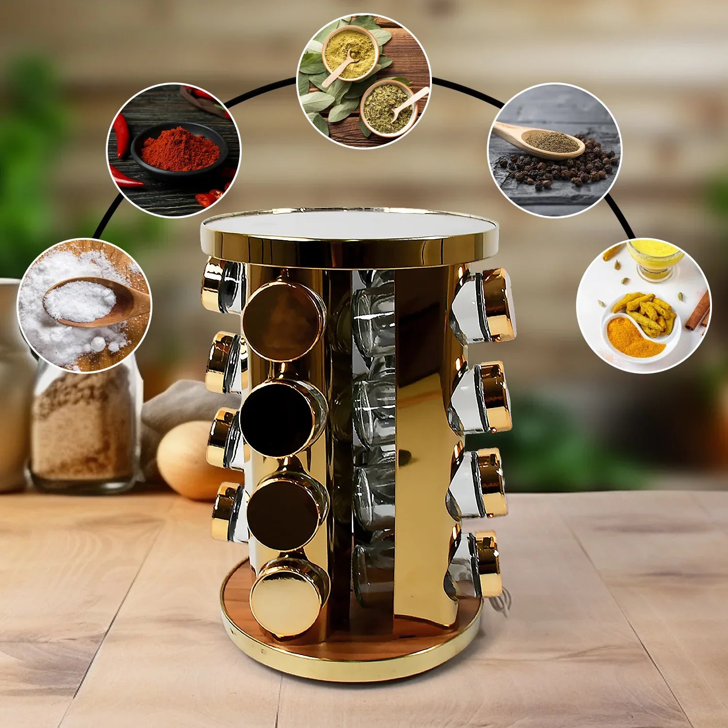 10009 Led Spice Rack Organizer Rotating Spice Rack With Free 16 Seasoning Jars Revolving Tower Organizer Stainless Steel For Kitchen Storage (Golden 16 Pc Moq - 6 Pc) - Zidbik