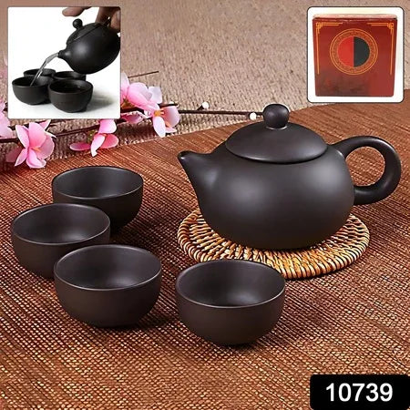 Premium Black Clay Ceramic Tea Set With Teapot 4 Cups - Zidbik