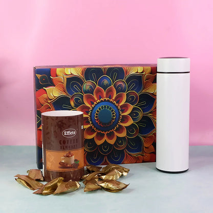 Effete Coffee Almonds Gift Hamper Golden With Bottle (2 Pc Set) - Zidbik