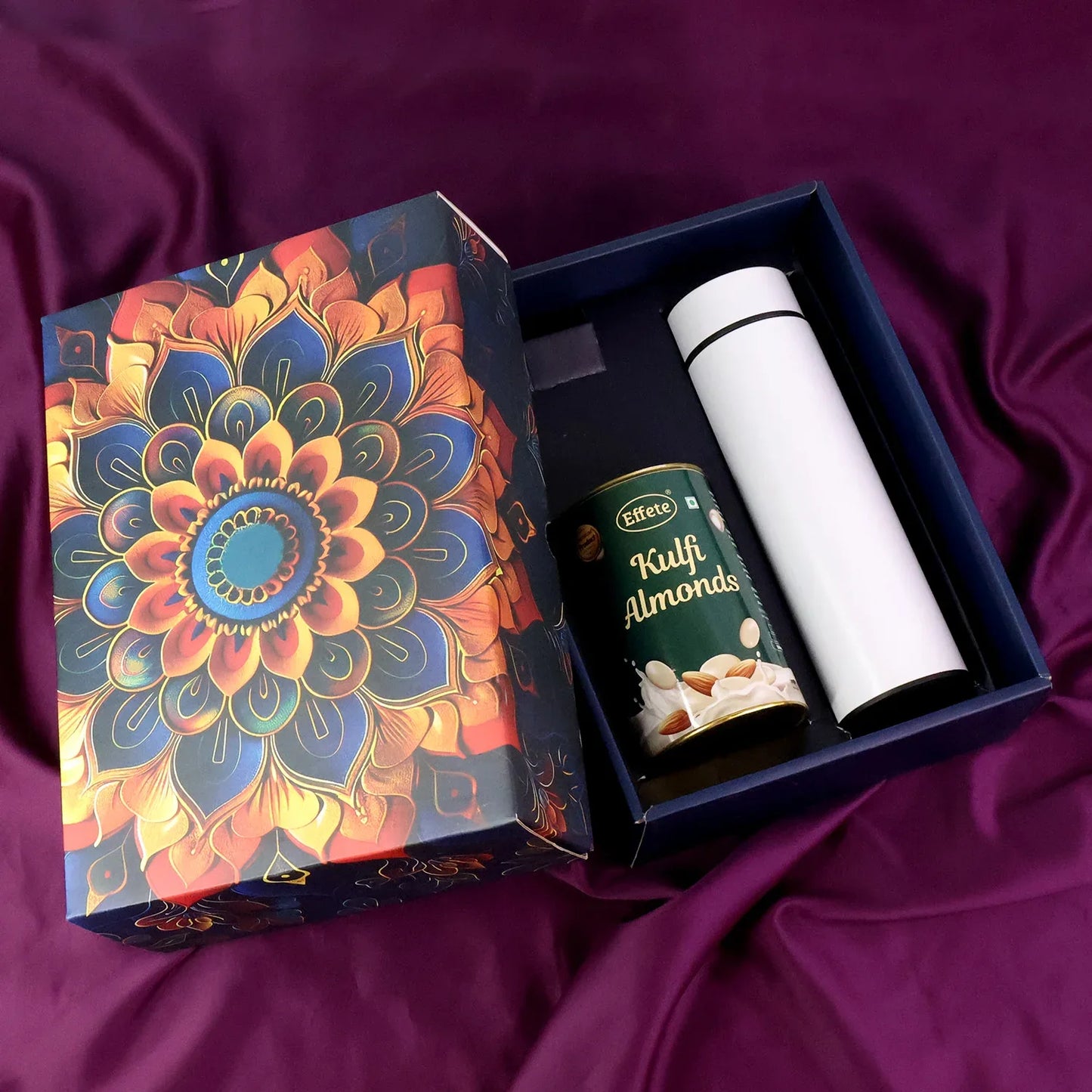 Effete Kulfi Almonds Gift Hamper Golden With Bottle (2 Pc Set) - Zidbik
