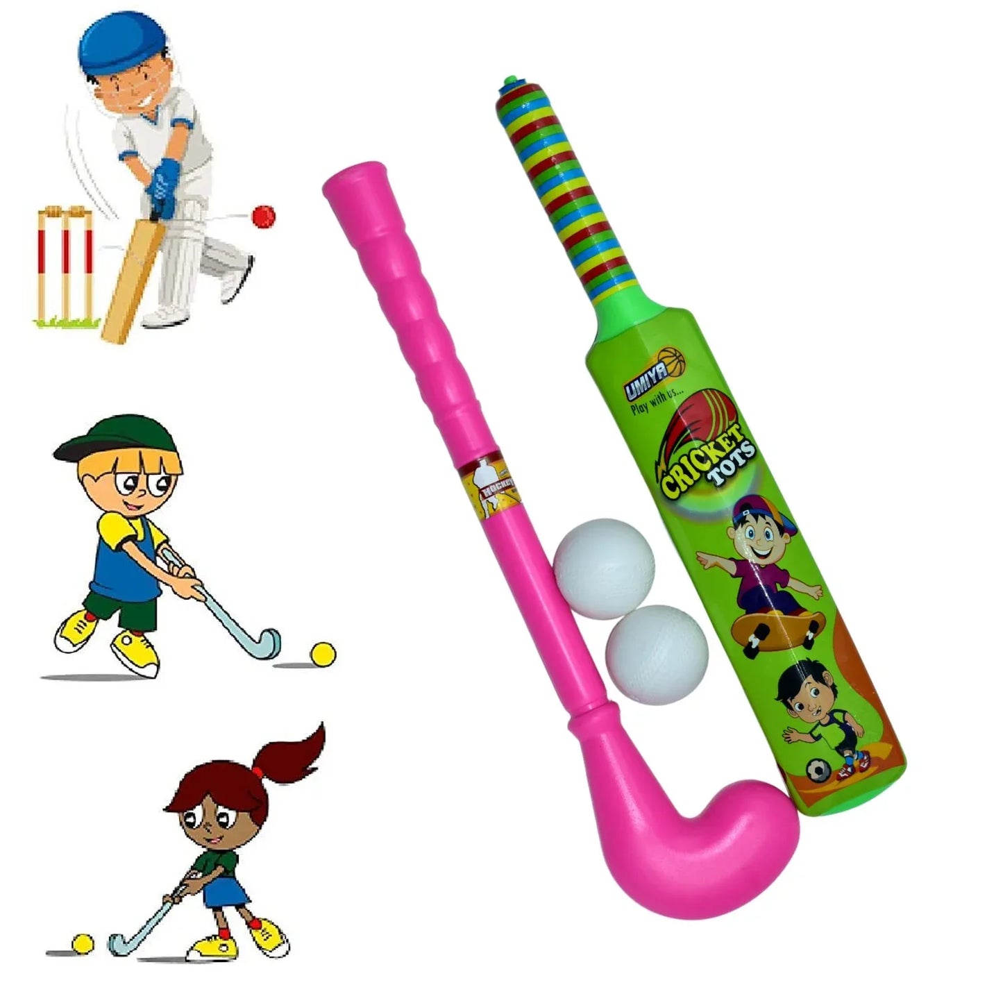 8002 Combo Of Light Weight Plastic Bat Ball Hockey For Kids Boys Indoor Outdoor Play - Zidbik