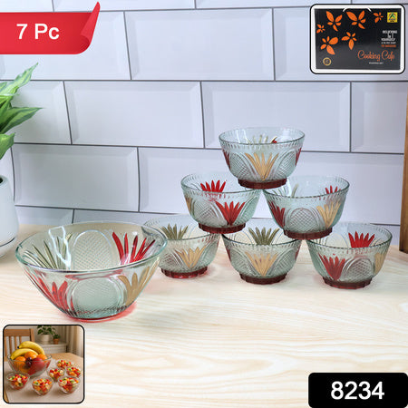 8234 Rose Glass Multipurpose Pudding  Dessert  Ice Cream Bowl Set For Home Use Home  Kitchen Serving Bowl For Sundae Sweets Snacks Fruit Pudding Nuts Or Dip Serving Bowls 6 Medium  1 Big Bowl (Set Of 7 Pc) - Zidbik