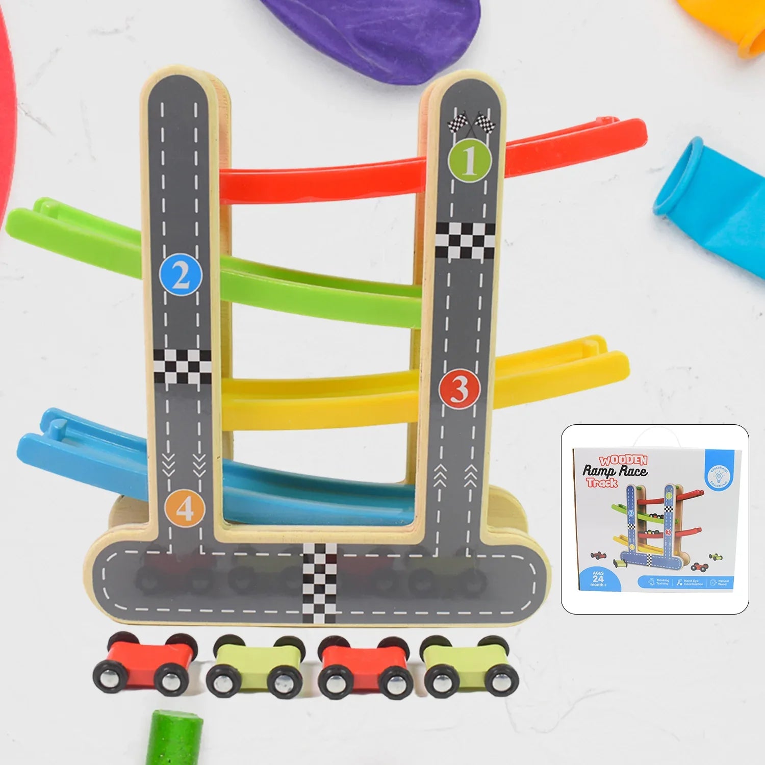 Car Racer Track Play Set Wooden Click Clack Toys With 4 Mini Racers (1 Set) - Zidbik