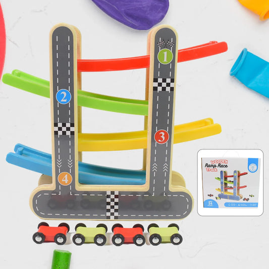 Car Racer Track Play Set Wooden Click Clack Toys With 4 Mini Racers (1 Set) - Zidbik