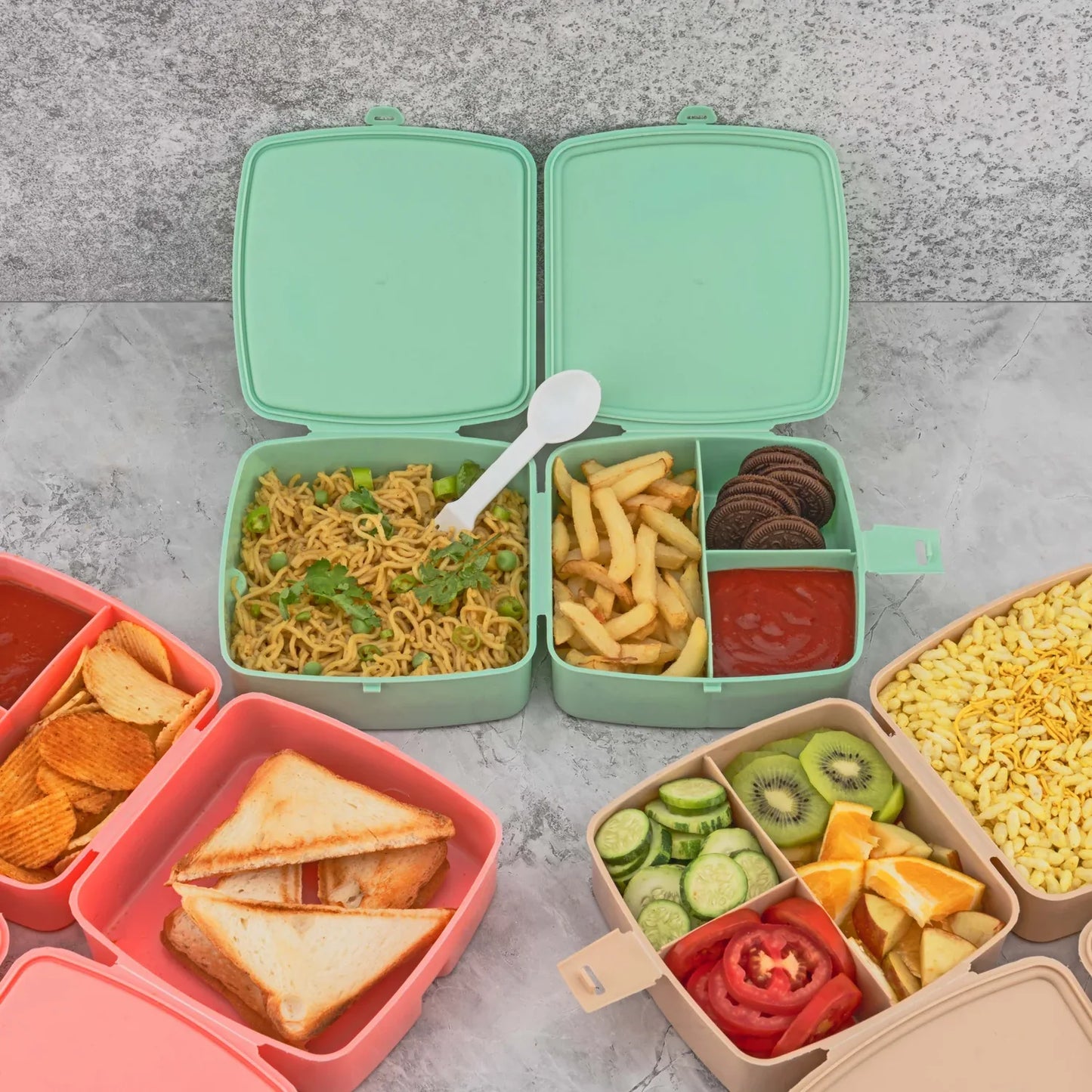 5787 Double-layer Square Lunch Box With Spoon 4 Compartment Tiffin Push Lock Plastic Tiffin Box For Travelling School Kids Office Exclusive Home - Zidbik