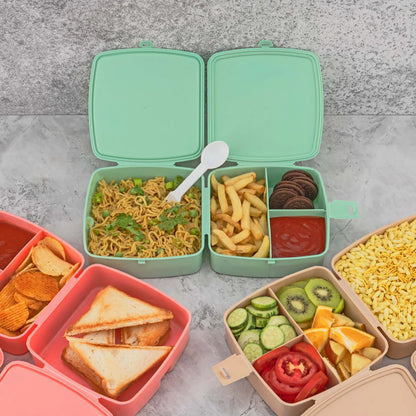 5787 Double-layer Square Lunch Box With Spoon 4 Compartment Tiffin Push Lock Plastic Tiffin Box For Travelling School Kids Office Exclusive Home - Zidbik