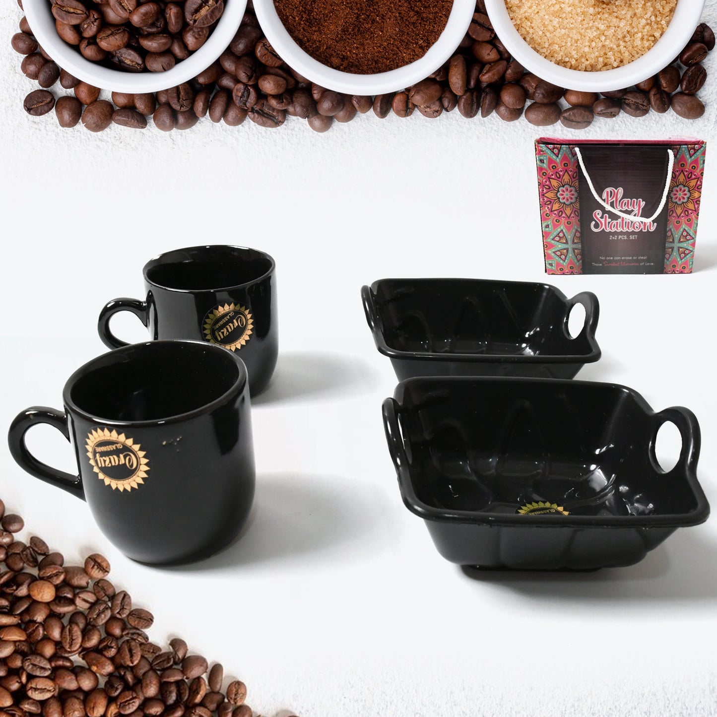 8229 Play Station Ceramic Tea  Cups  Mug Set With Handle Serving Bowl Milk Cup Coffee Cup Tea Cup Breakfast Cup Drinking Mug Or Outdoor For Household Gift For Birthday Wedding Party (4 Pcs Set) - Zidbik