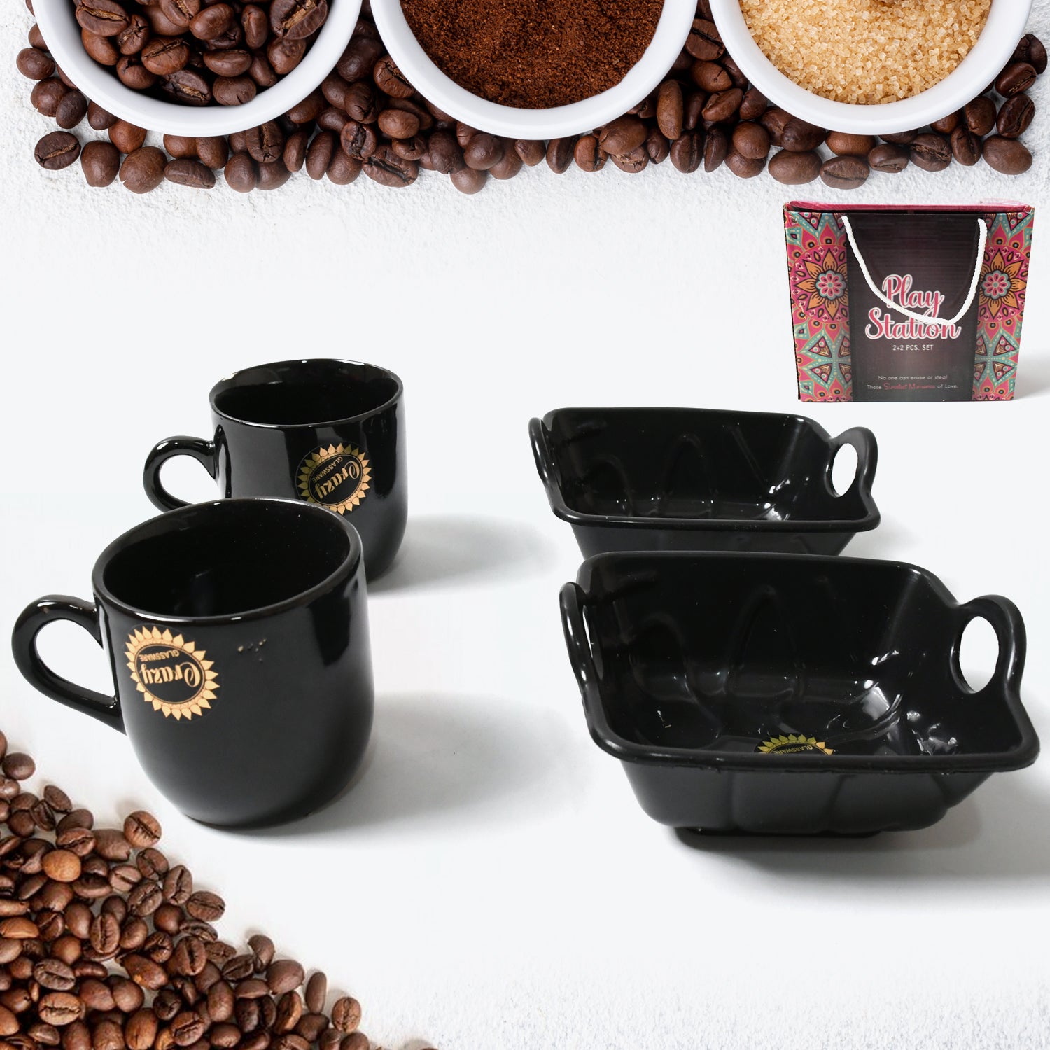 8229 Play Station Ceramic Tea  Cups  Mug Set With Handle Serving Bowl Milk Cup Coffee Cup Tea Cup Breakfast Cup Drinking Mug Or Outdoor For Household Gift For Birthday Wedding Party (4 Pcs Set) - Zidbik