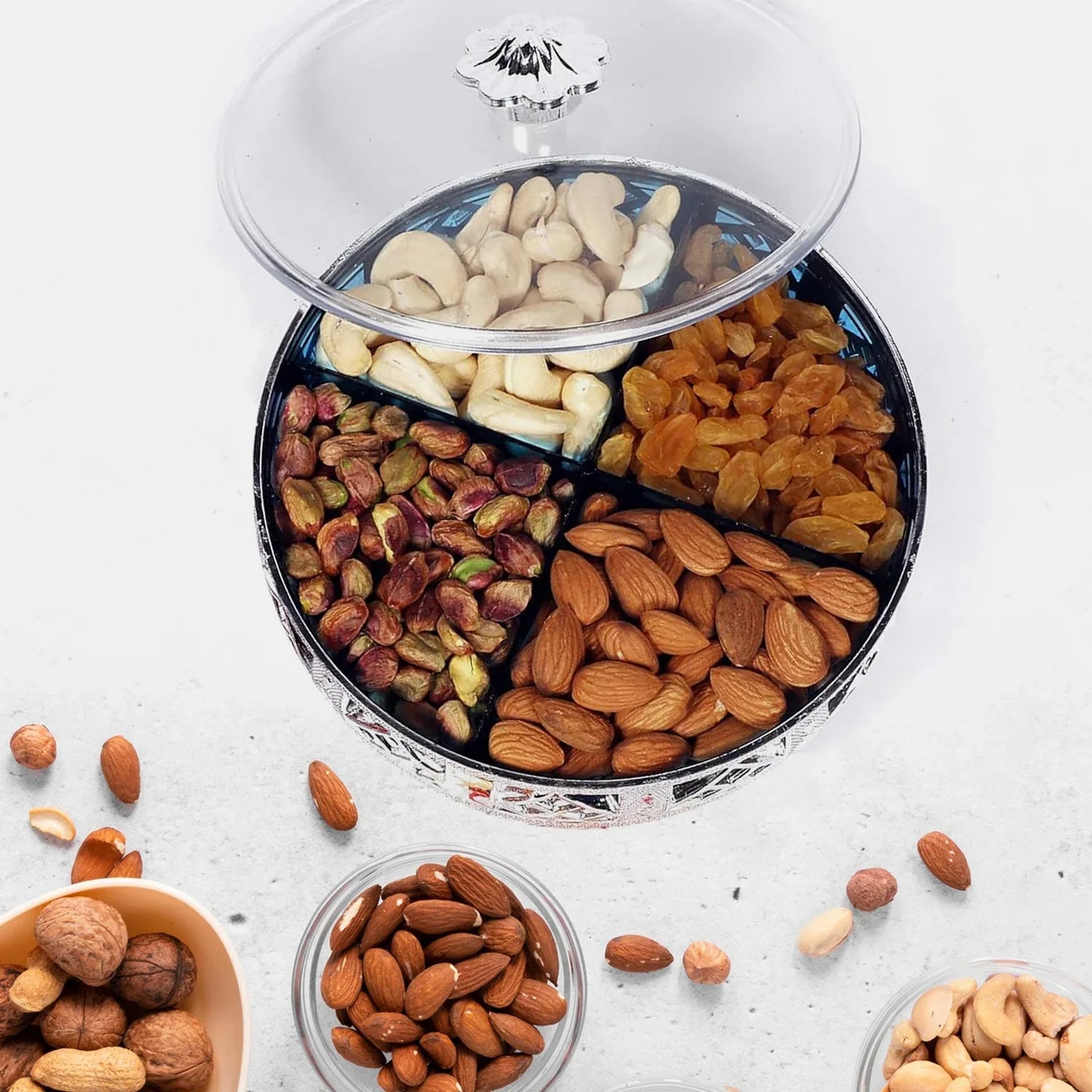 Multipurpose Dry Fruit Box 4 Section Dry Fruit Round Silver Gift Box (1 Pc) - Zidbik