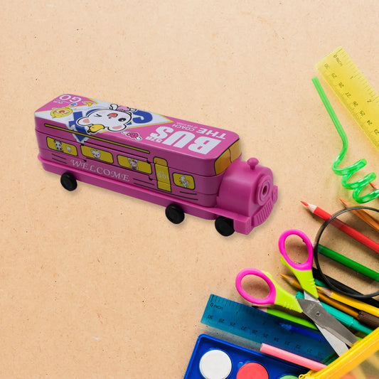 4672 Double Decker Magic Bus Compass 2 Layer Metal Bus Compass Pencil Case With Movable Wheels Sharpener Bus Shape With Tiers Metal Pencil Box For Kids Birthday Party - Zidbik