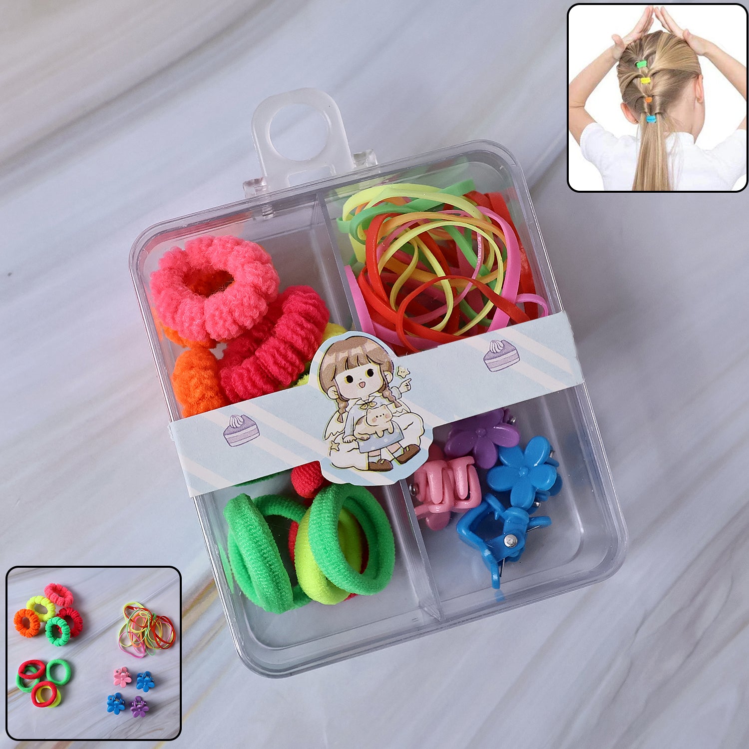 Kids Hair Bands Rubber Bands  Cute Hair Clips In Storage Box (Mix Design  1 Set) - Zidbik