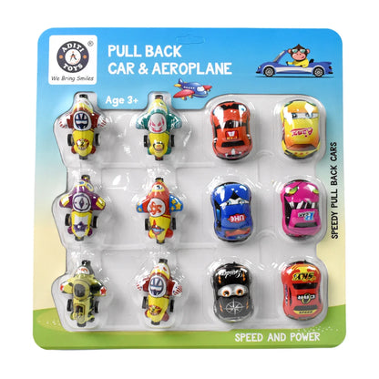 Mini Pull Back Car Aeroplane Pvc Plastic Pull Back Car Cartoon Toys (12 Pcs Set) - Zidbik